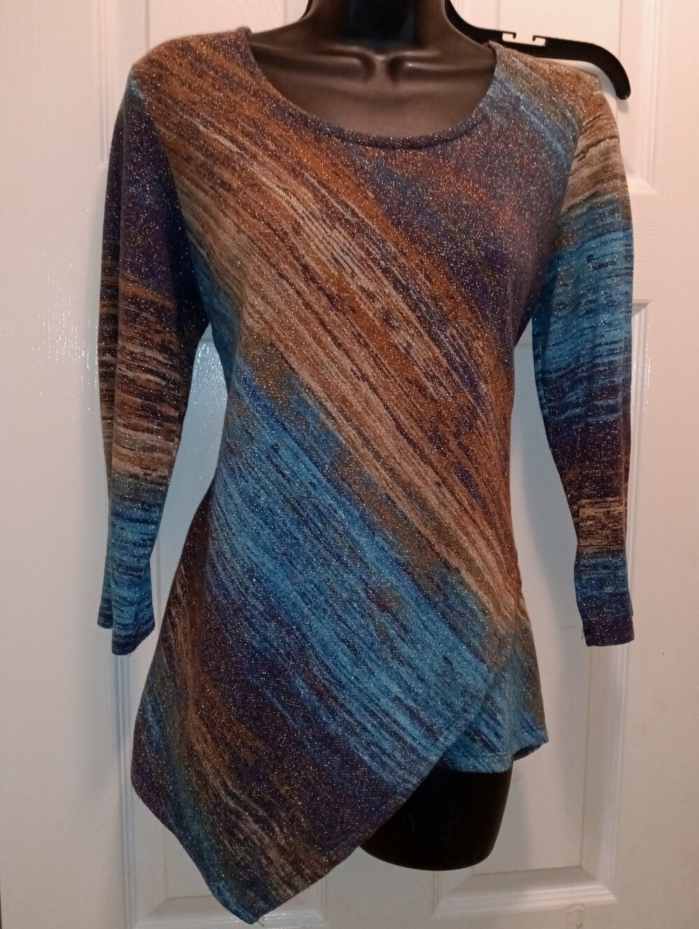 JM Collections Blue & Brown Glitter Knit Asymmetric Women's Tunic Top